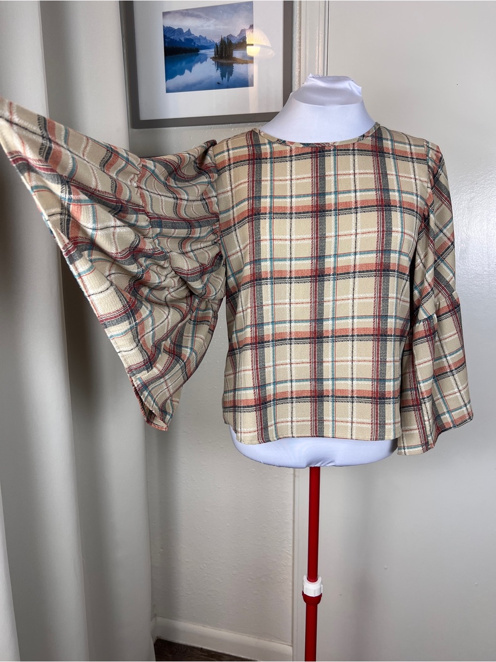 Blu Pepper Tartan Plaid Tiered Ruffle Bell Sleeve Top Cream Taupe | Size: M